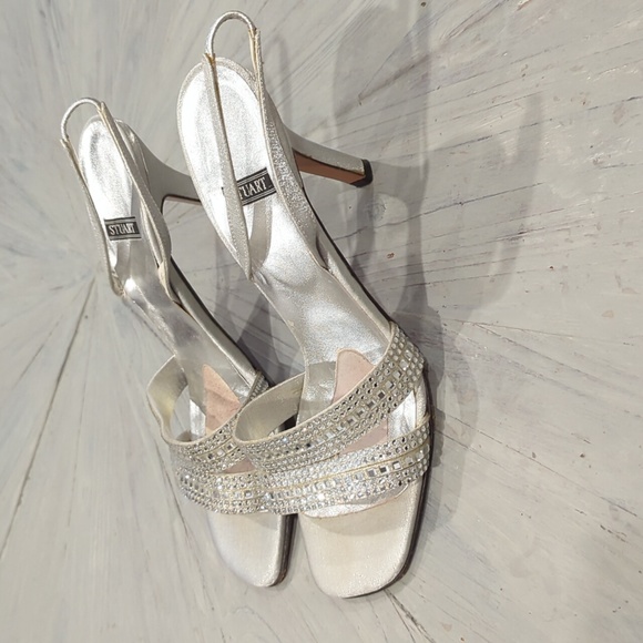 Stuart Weitzman Silver Leather Crystal Beaded Sling Back Heels - Picture 4 of 8